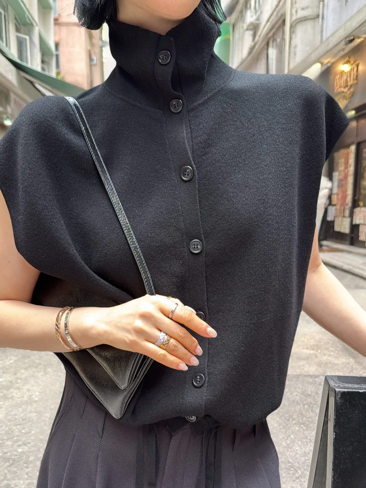 Stand Collar Hem Tie Top Black — einHaru Collective
