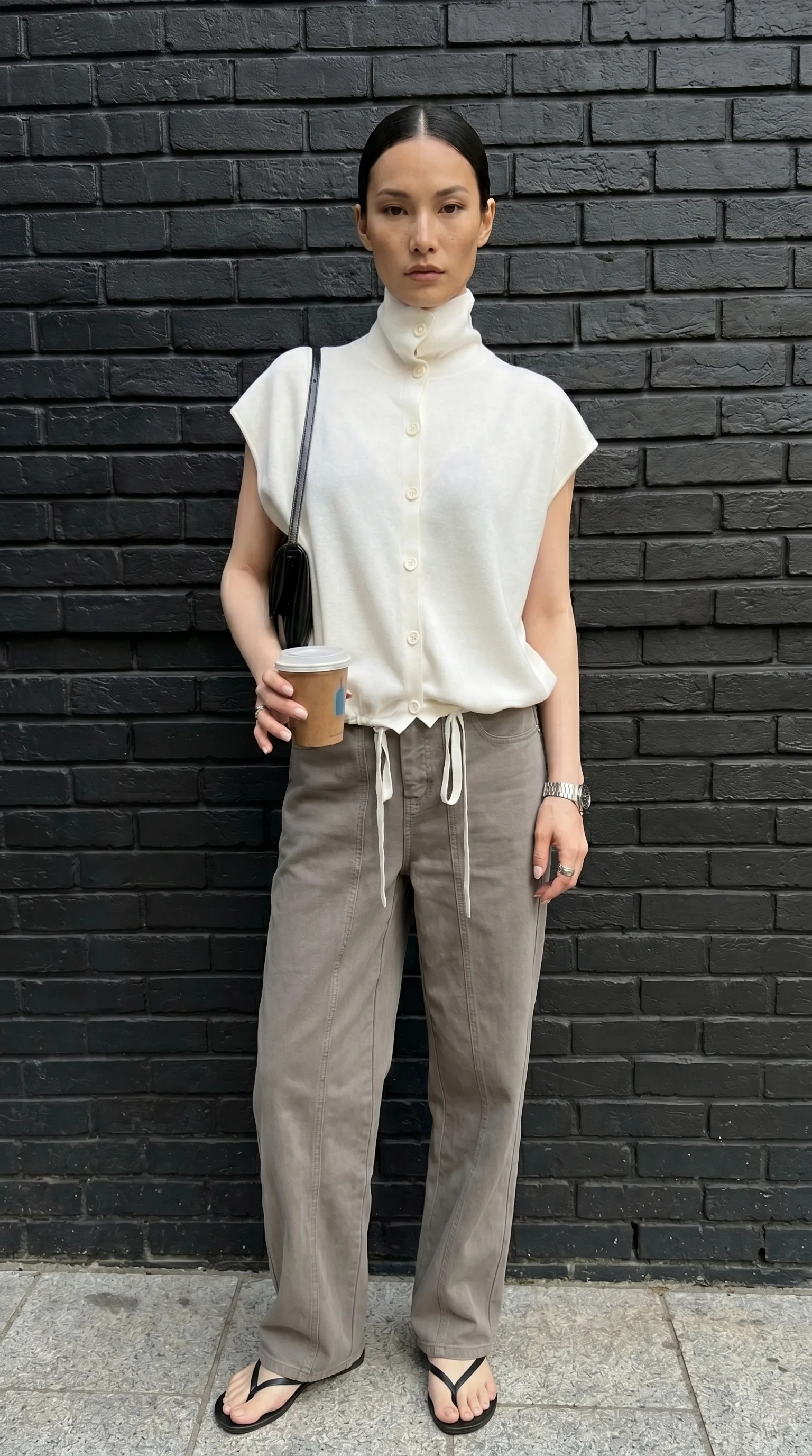 Stand Collar Hem Tie Top Ivory — einHaru Collective