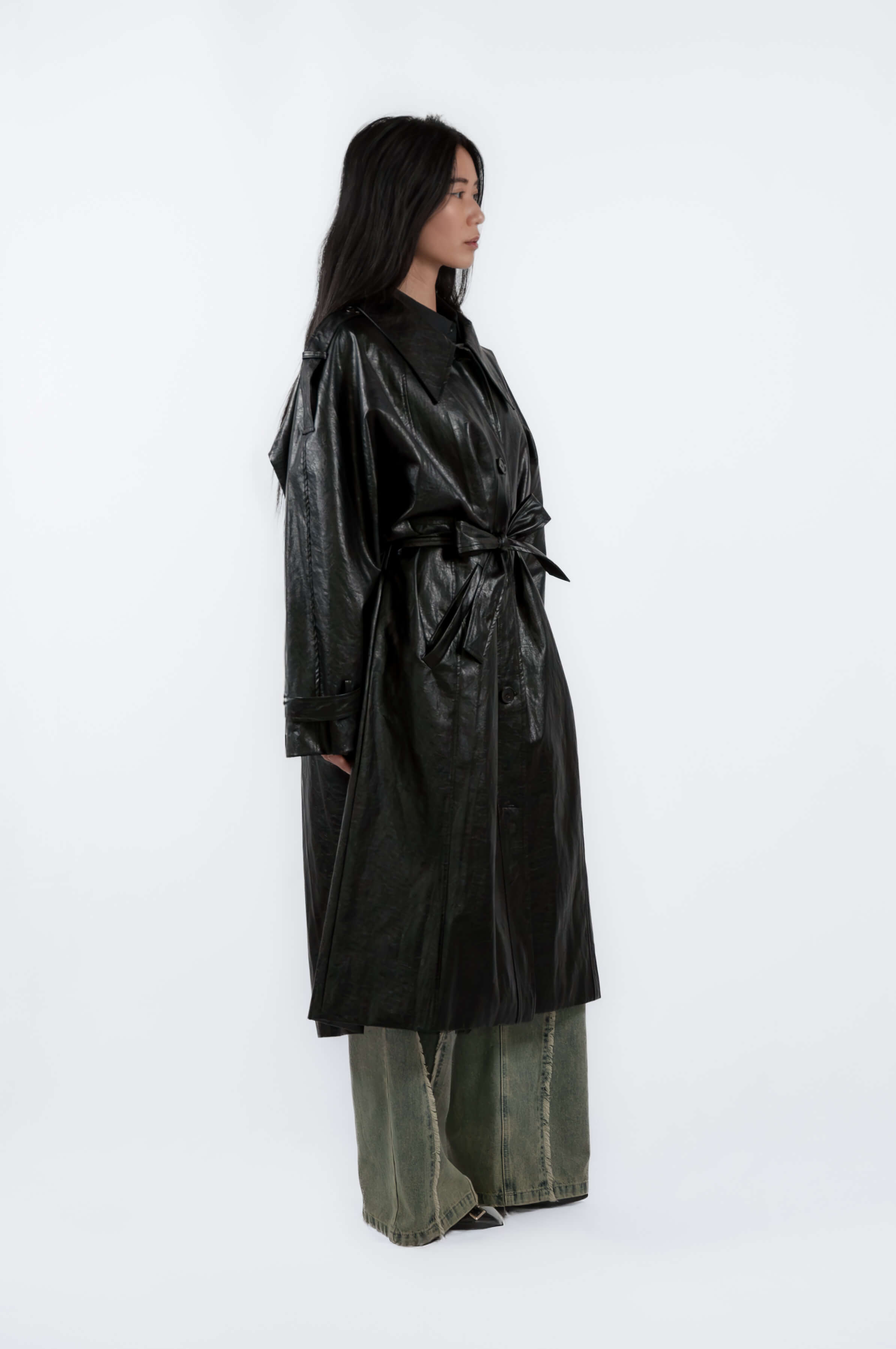 Glossy Vegan Leather Trench Coat Black, einHaru Collective