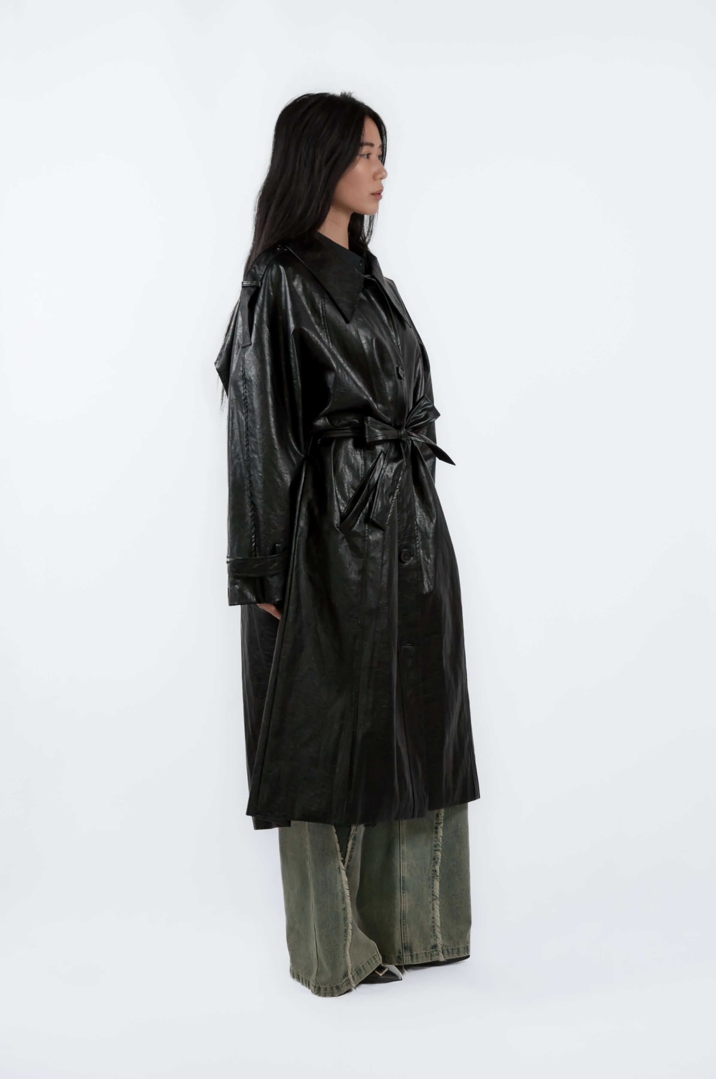 Glossy Vegan Leather Trench Coat Black, einHaru Collective