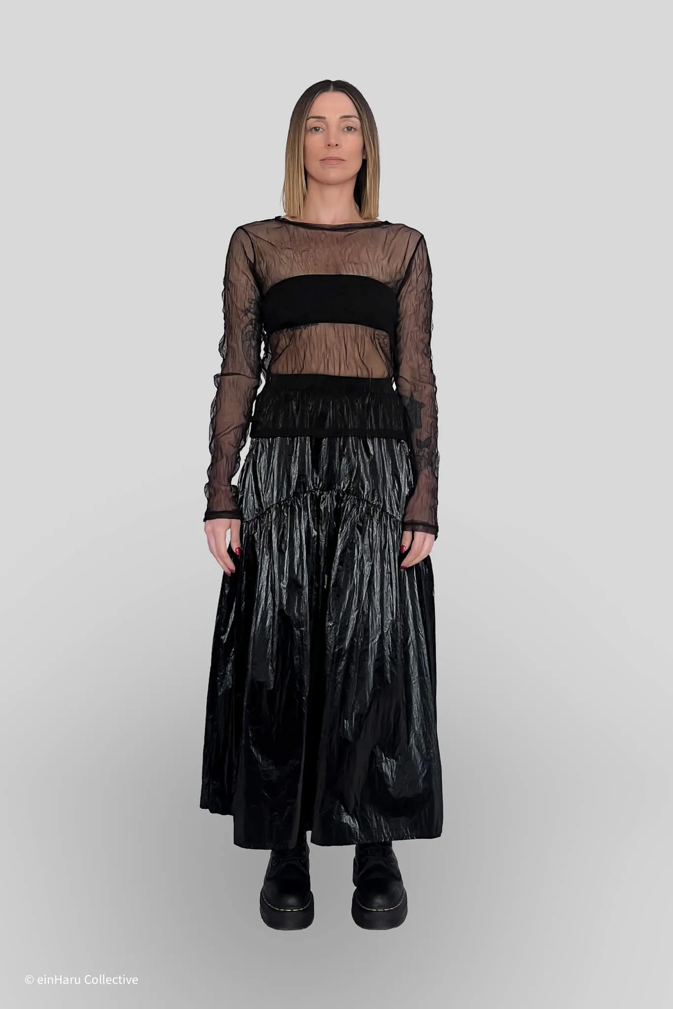 Crinkled Tiered Long Skirt – Black | einHaru Collective