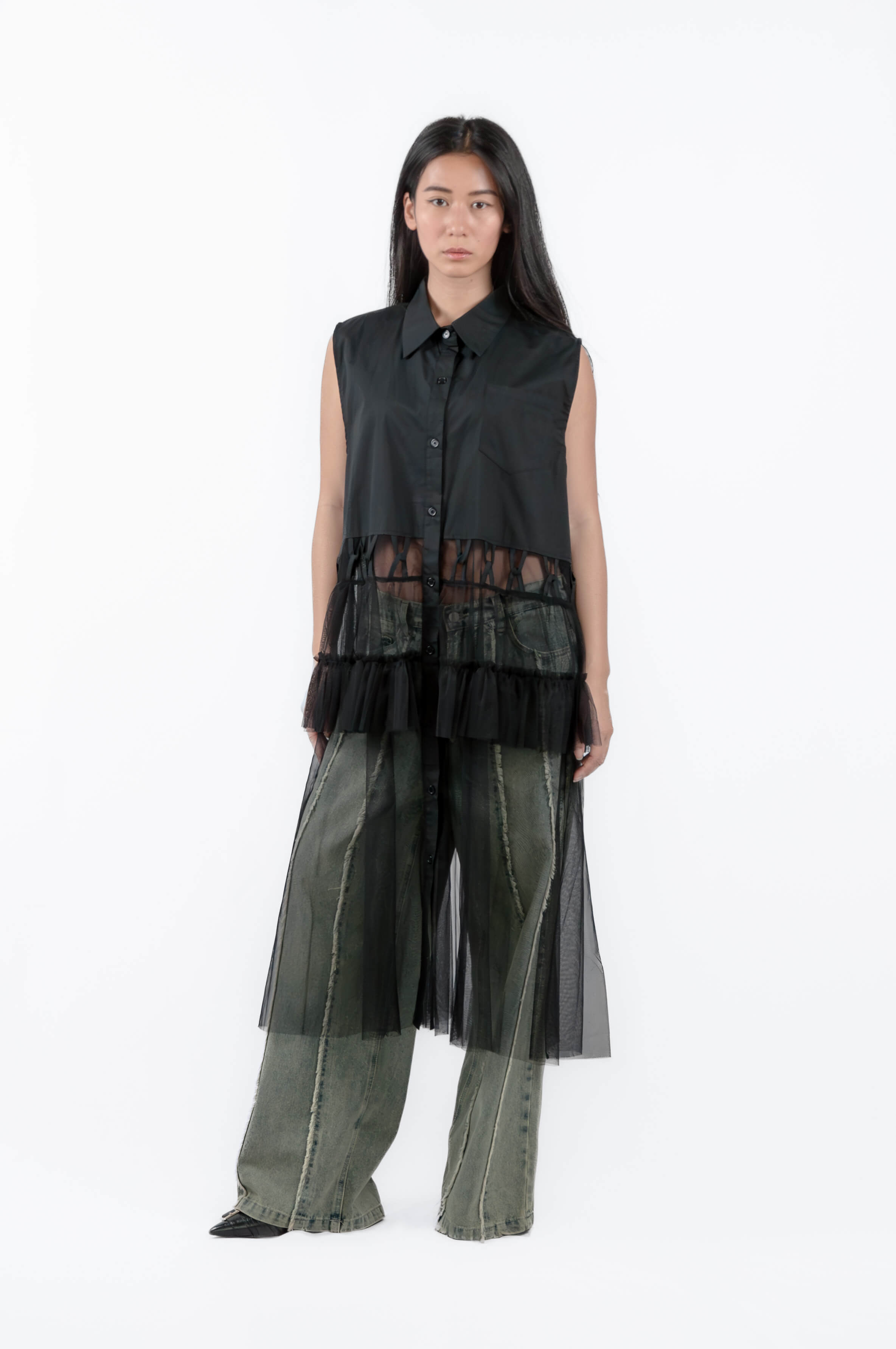 Minimalist summer dress, Sleeveless Shirt Dress Tulle Overlay, einHaru Collective