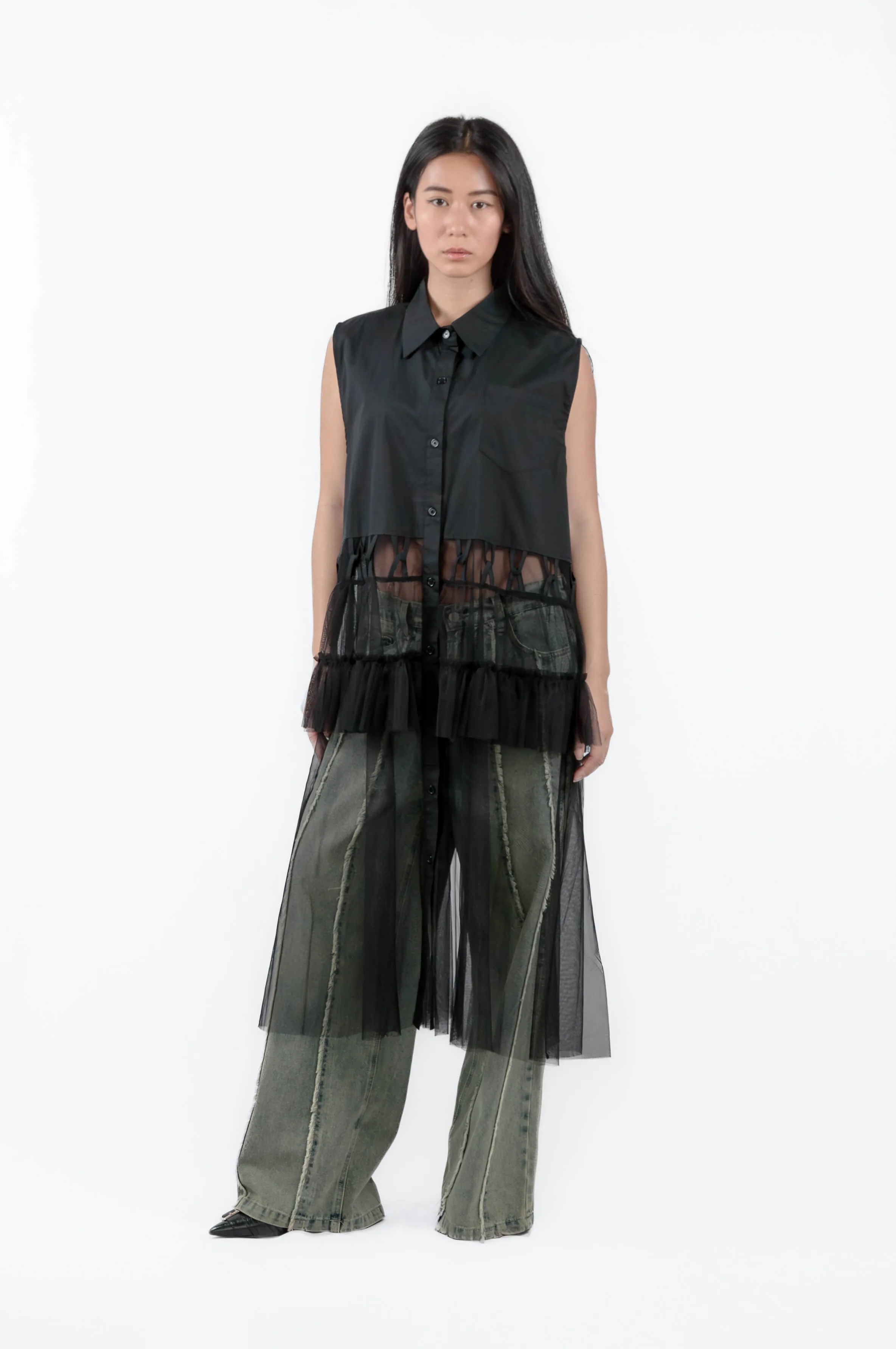 Sleeveless Shirt Dress with Tulle Overlay | einHaru Collective