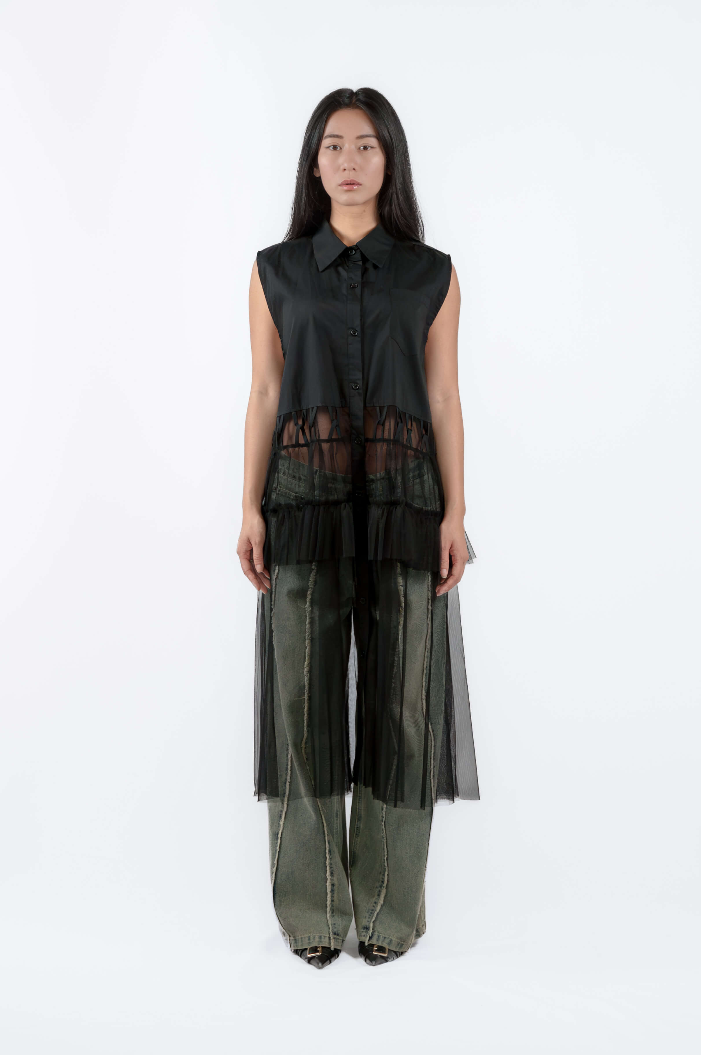 Minimalist summer dress, Sleeveless Shirt Dress Tulle Overlay, einHaru Collective