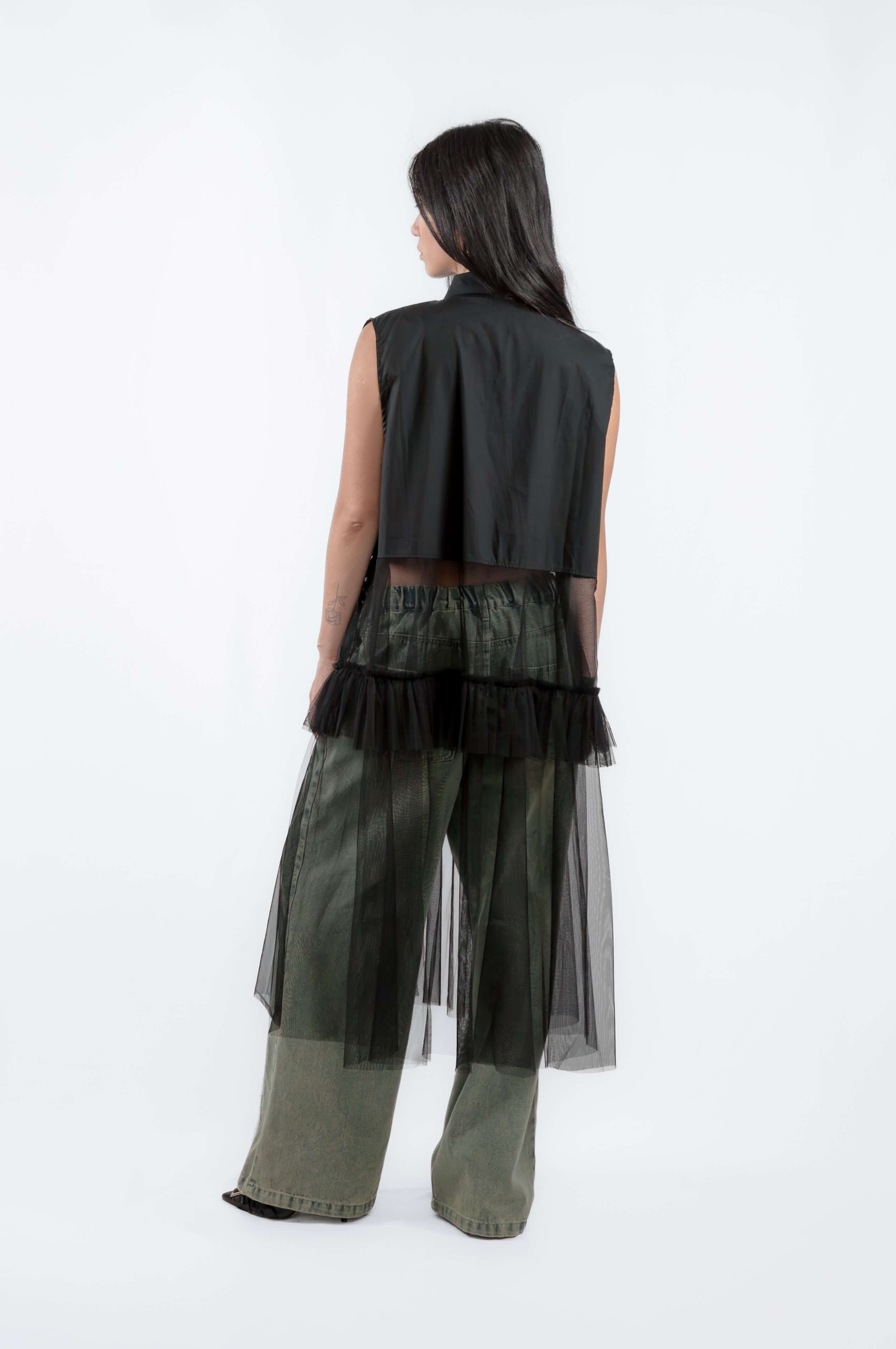 Sleeveless Shirt Dress with Tulle Overlay, einHaru Collective