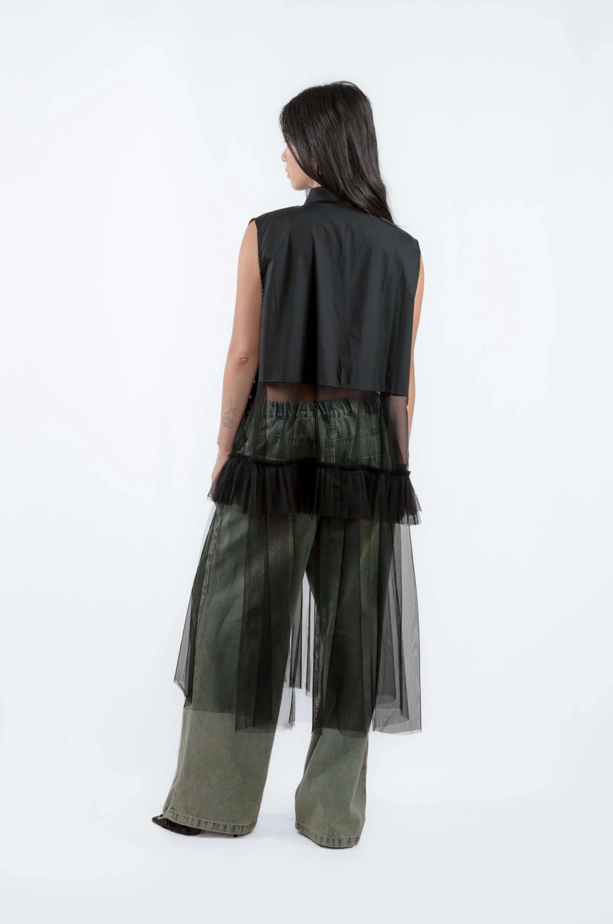 Sleeveless Shirt Dress with Tulle Overlay, einHaru Collective