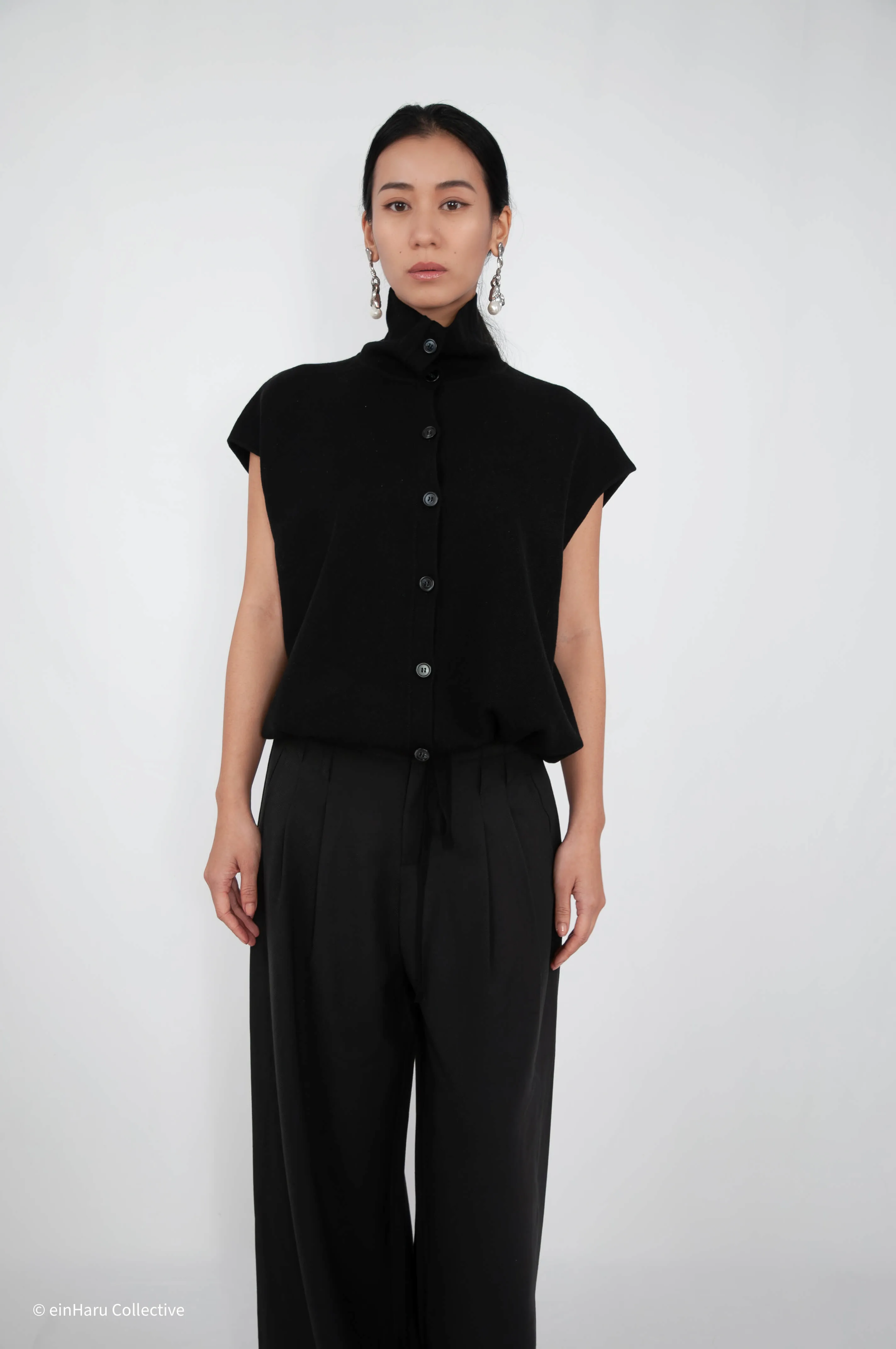 Stand Collar Hem Tie Top Black | einHaru Collective
