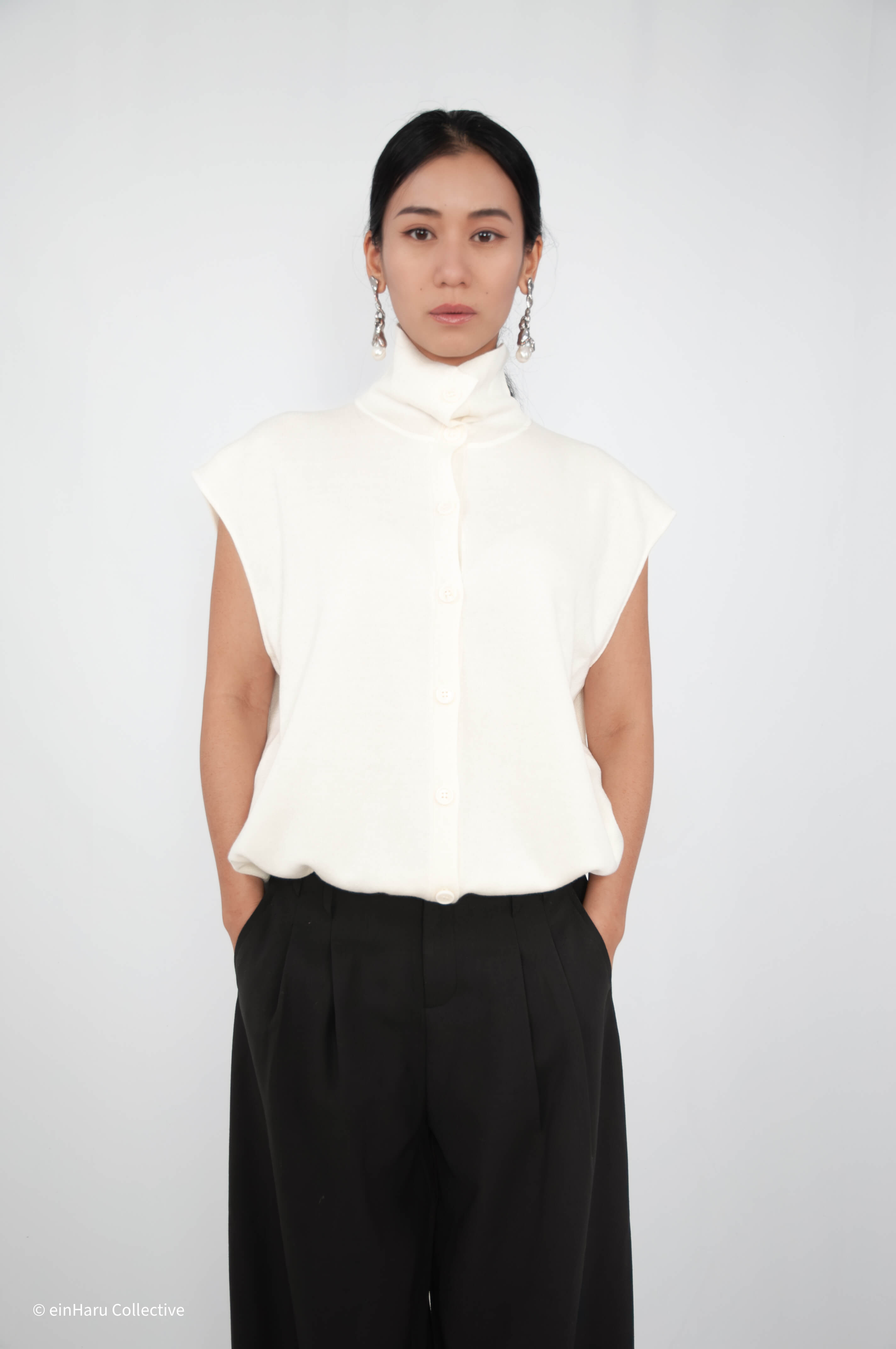 Stand Collar Hem Tie Top Ivory — einHaru Collective