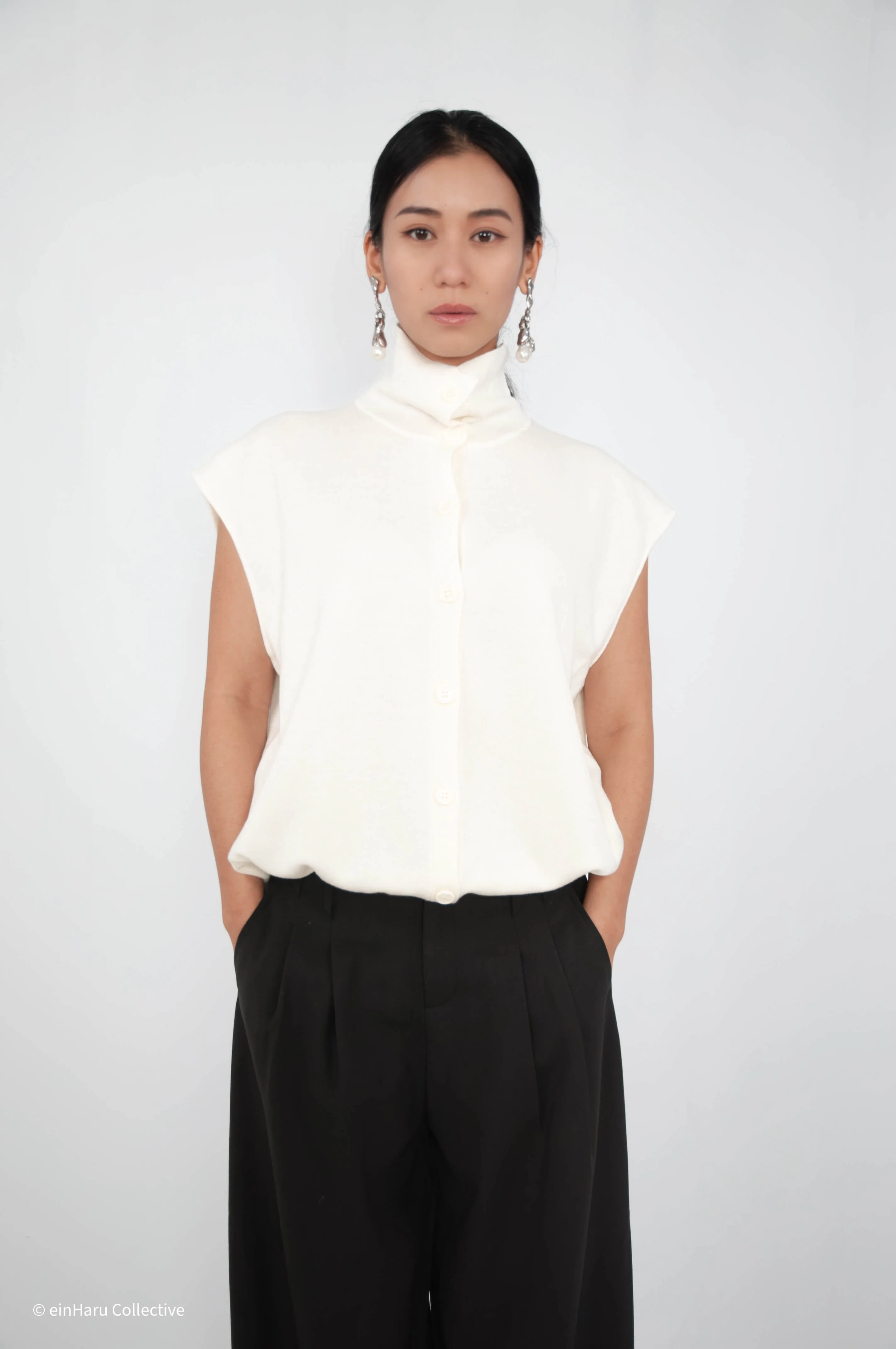 Stand Collar Hem Tie Top Ivory | einHaru Collective
